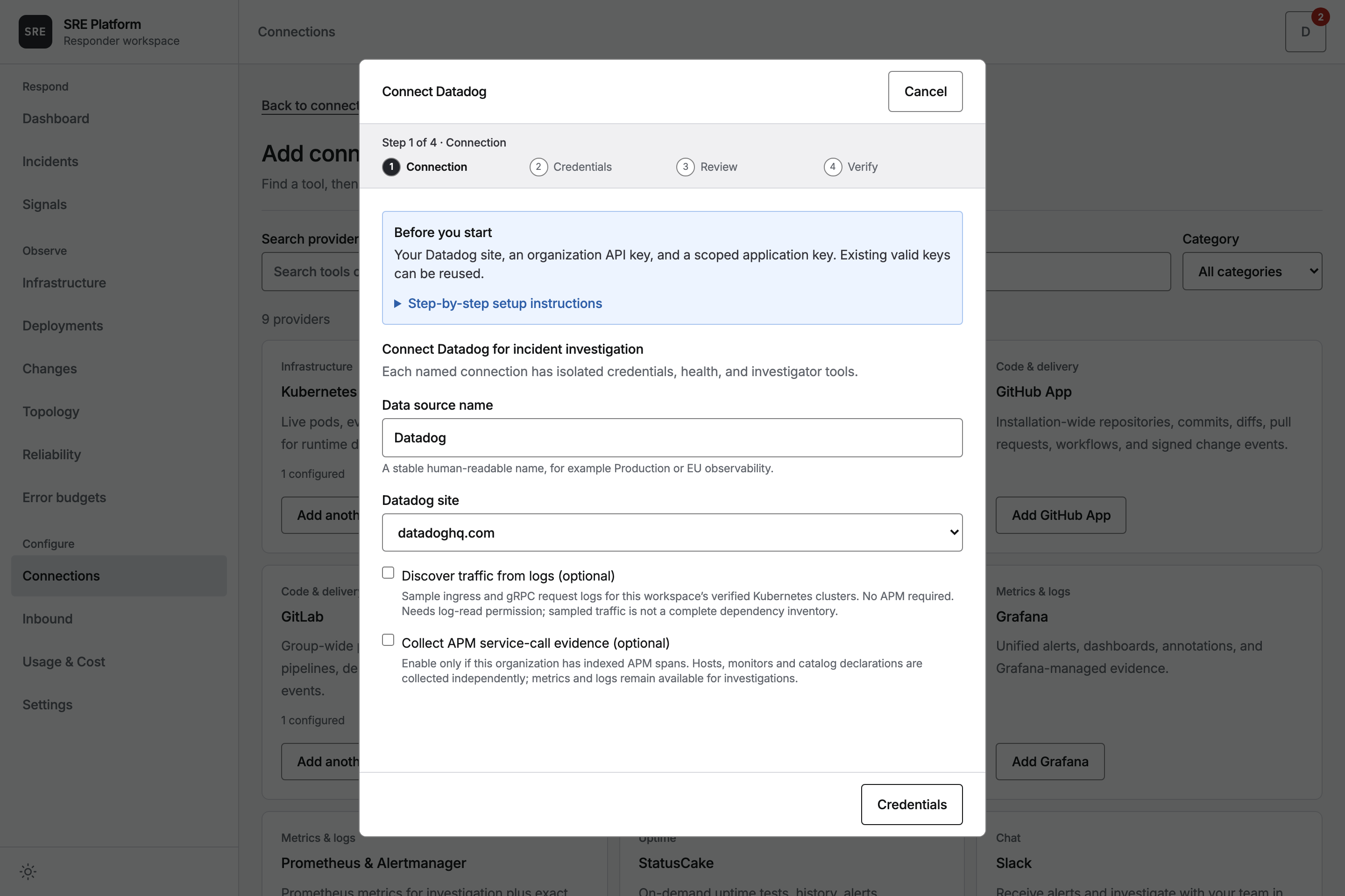 Naming the connection and choosing a Datadog site