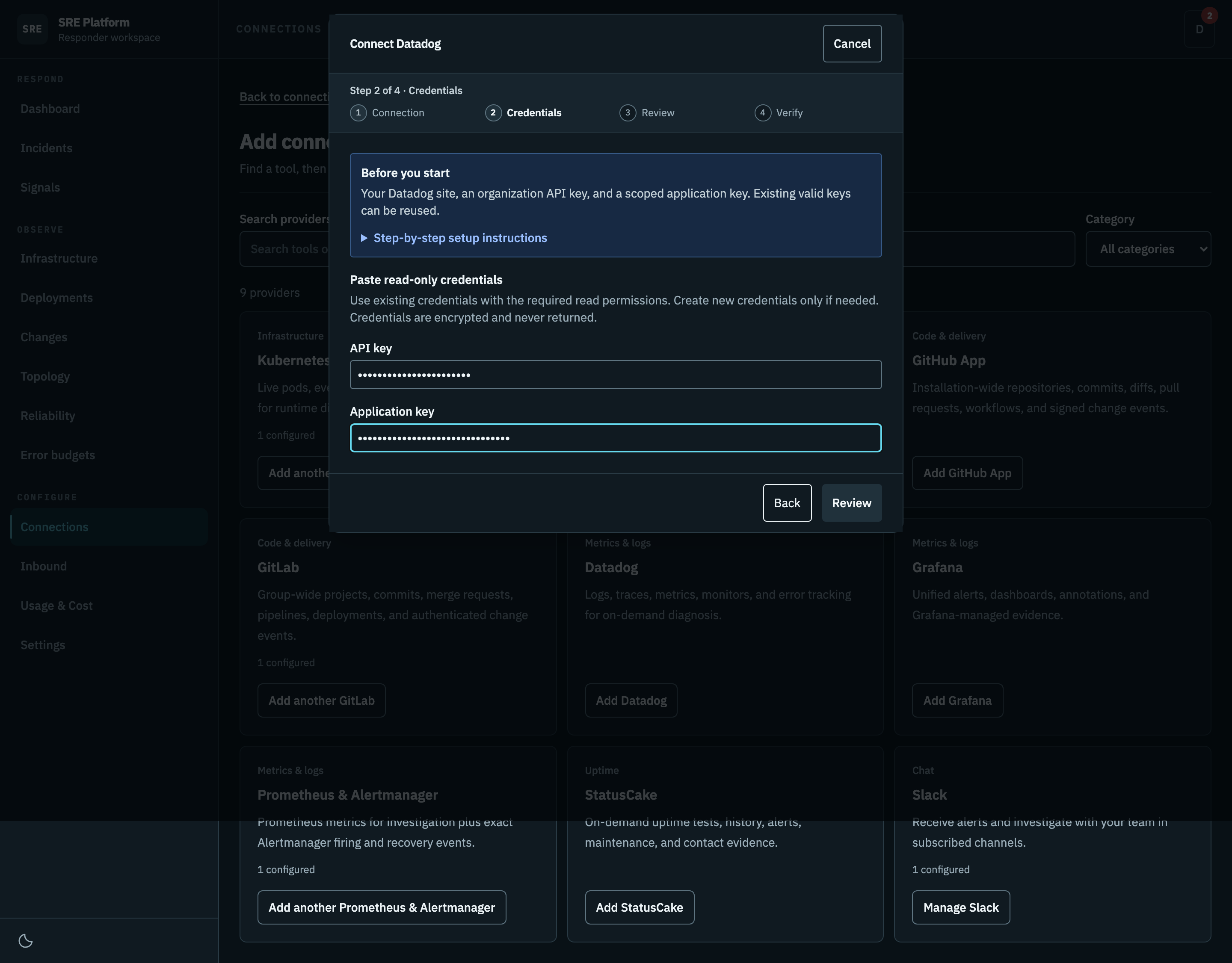 Pasting the Datadog API and application keys