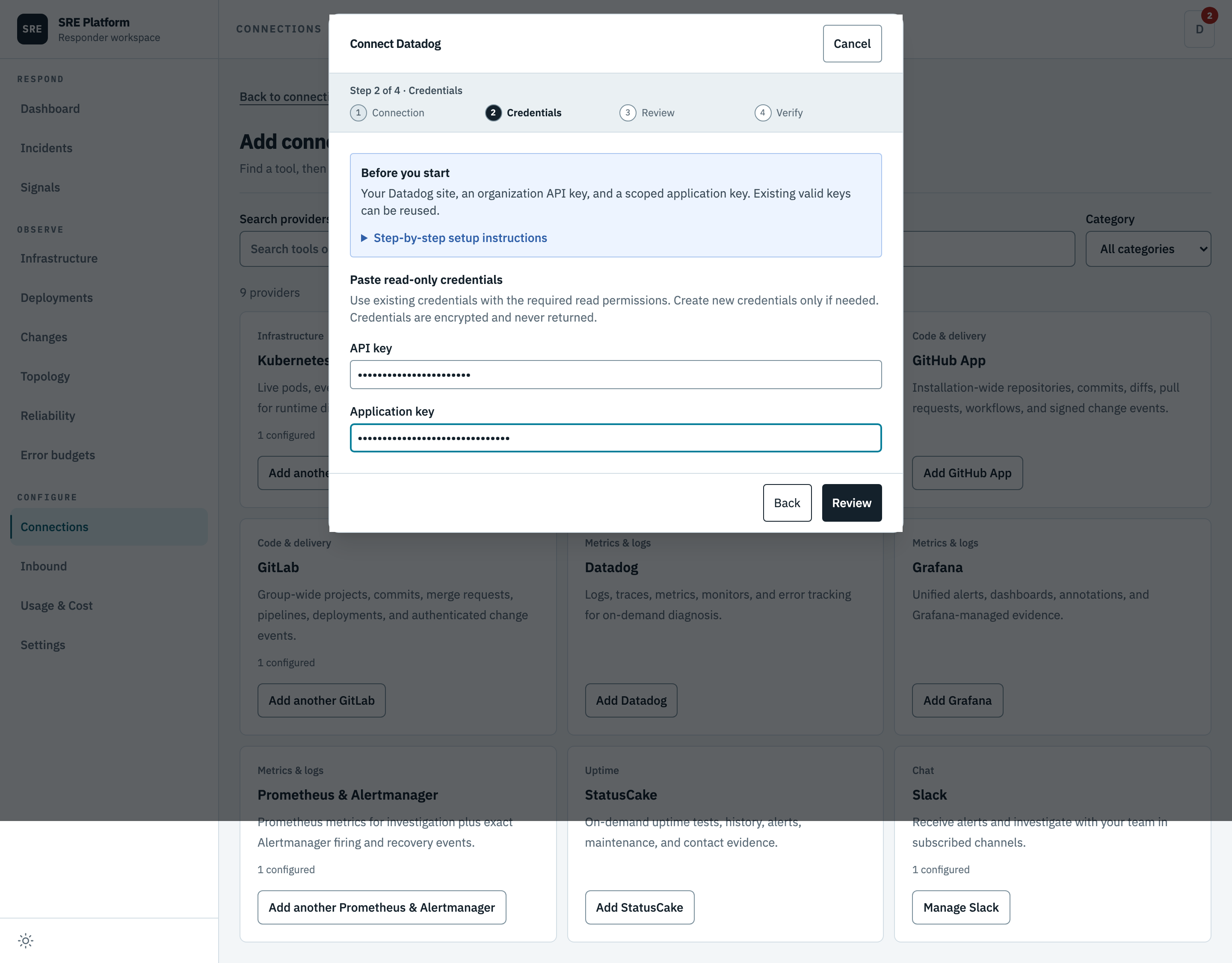 Pasting the Datadog API and application keys