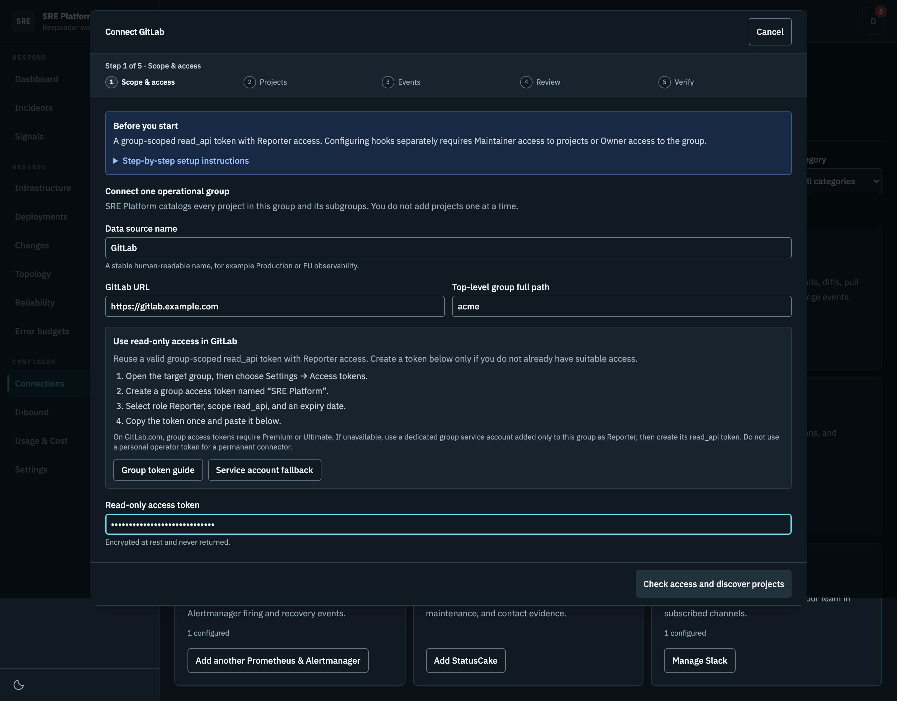 Entering the GitLab group and access token