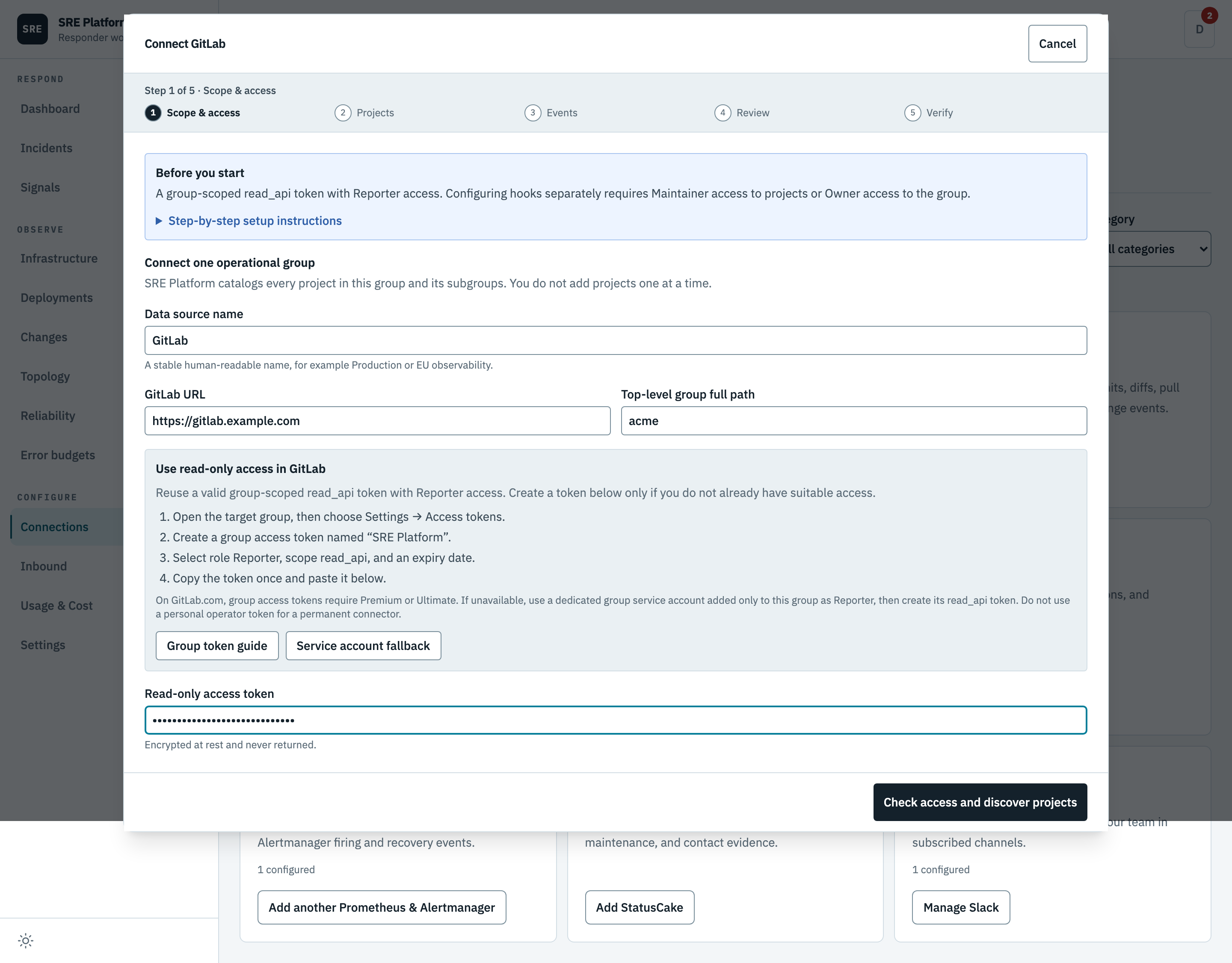 Entering the GitLab group and access token