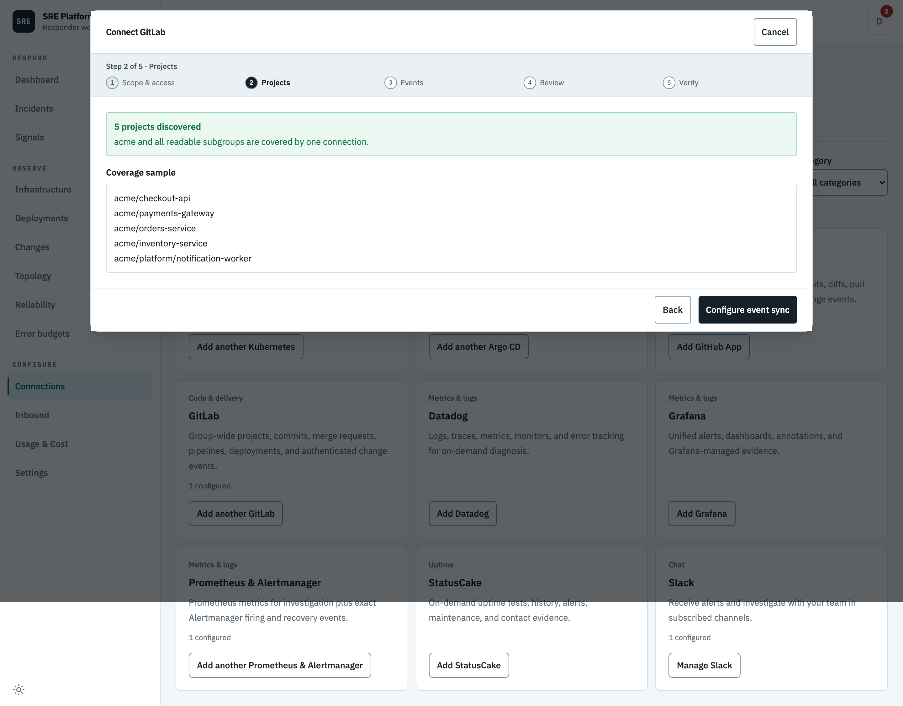 The discovered project catalog