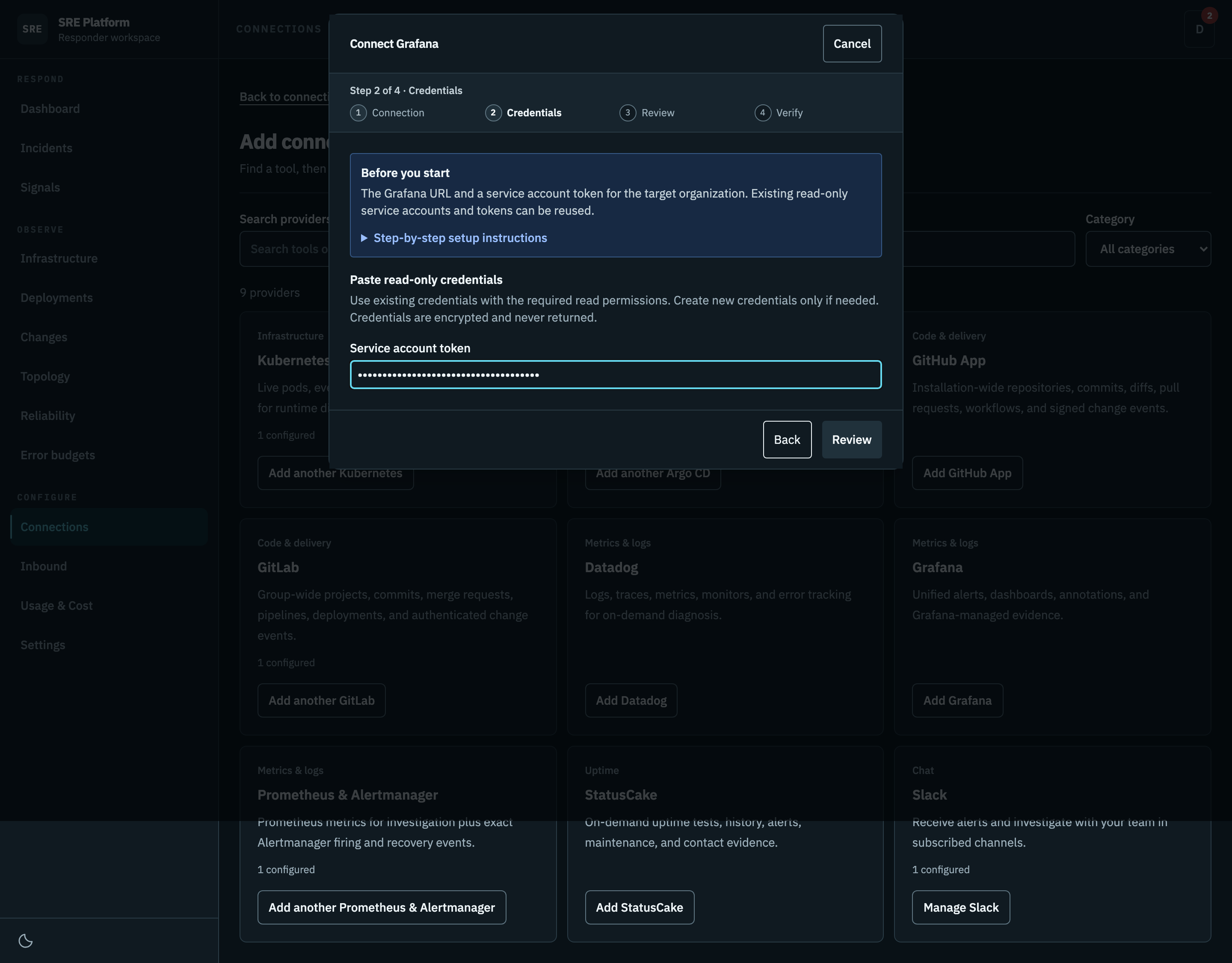 Pasting the Grafana service account token