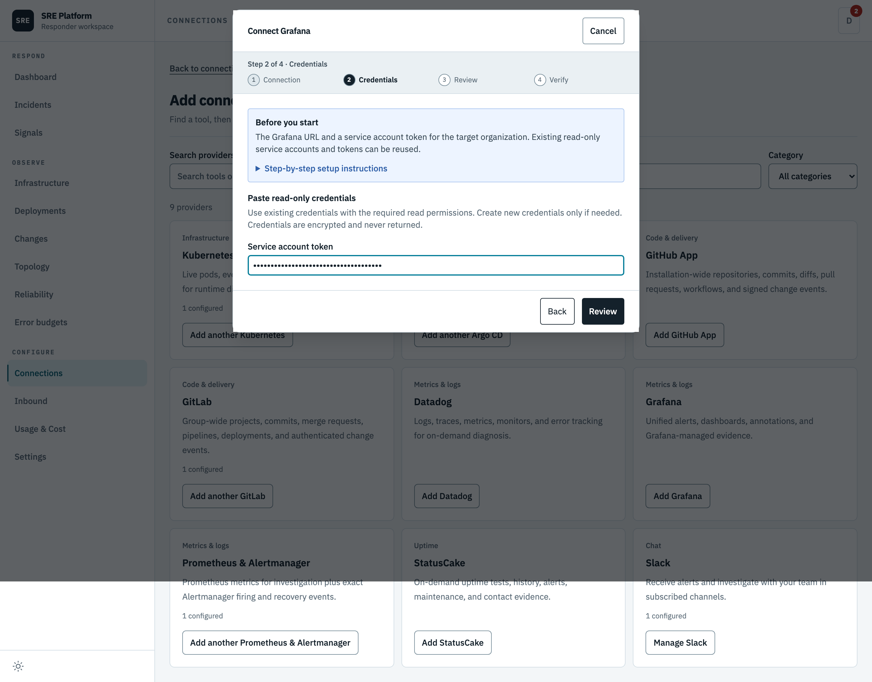Pasting the Grafana service account token