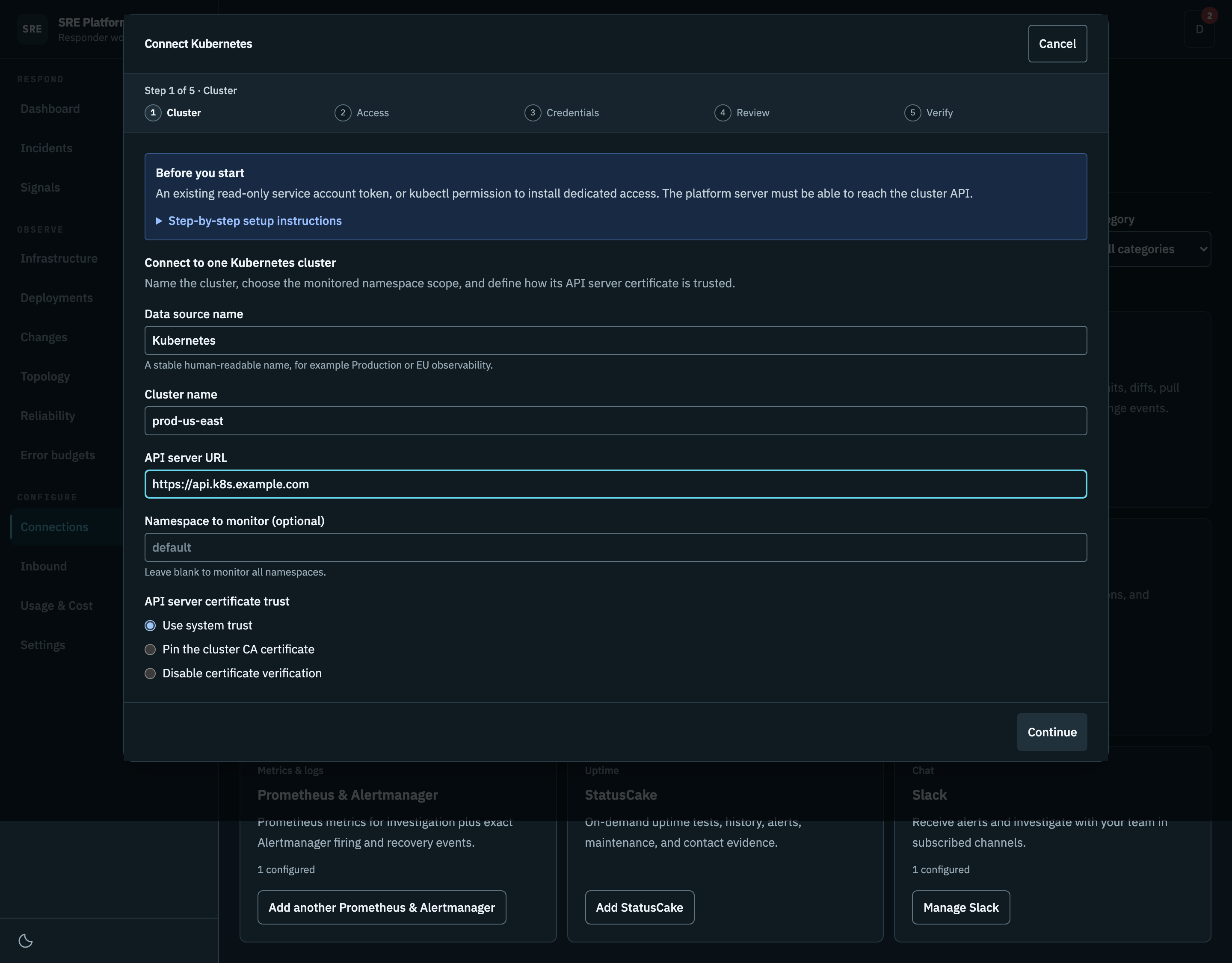 The first step of the Kubernetes wizard