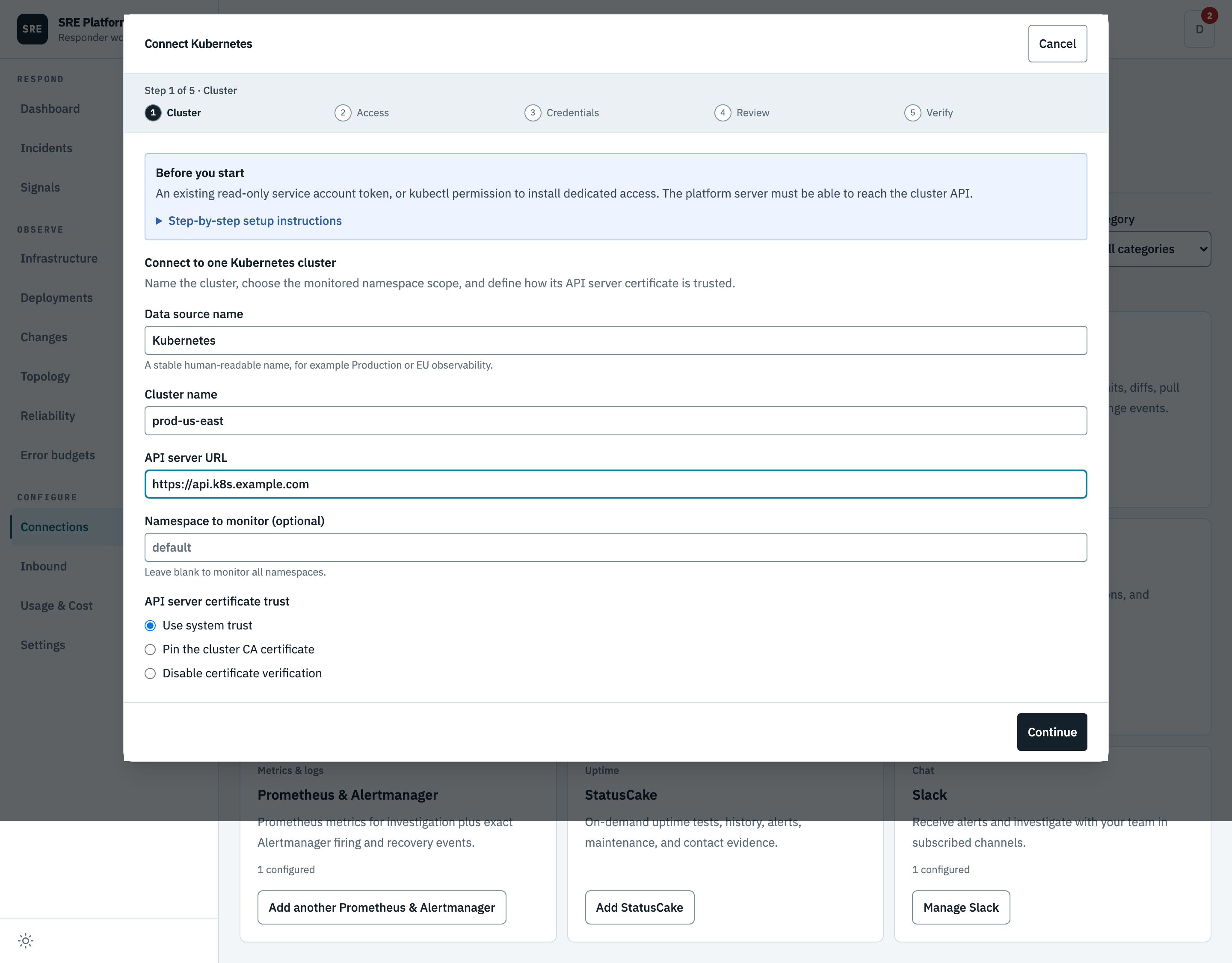 The first step of the Kubernetes wizard