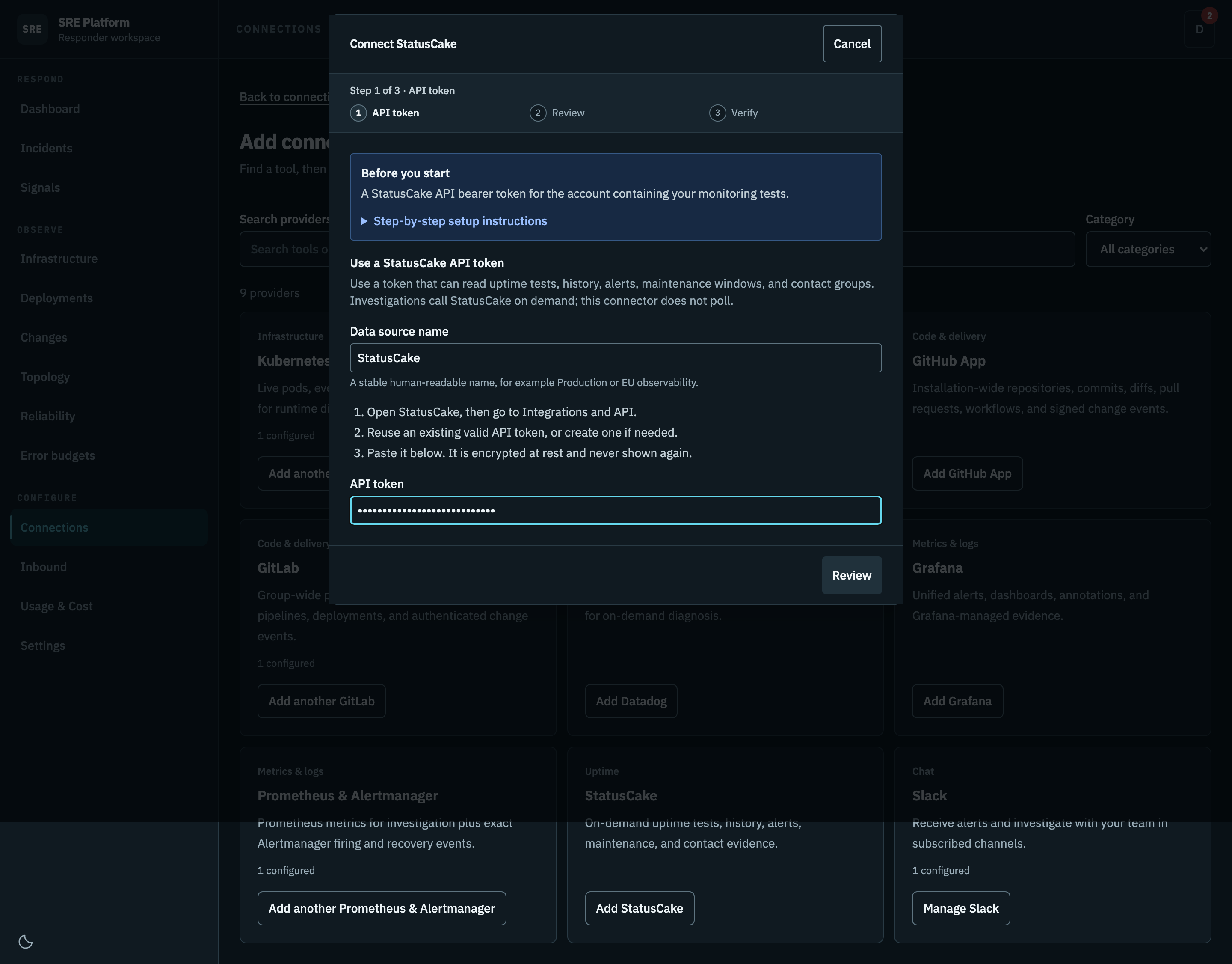 Pasting the StatusCake API token