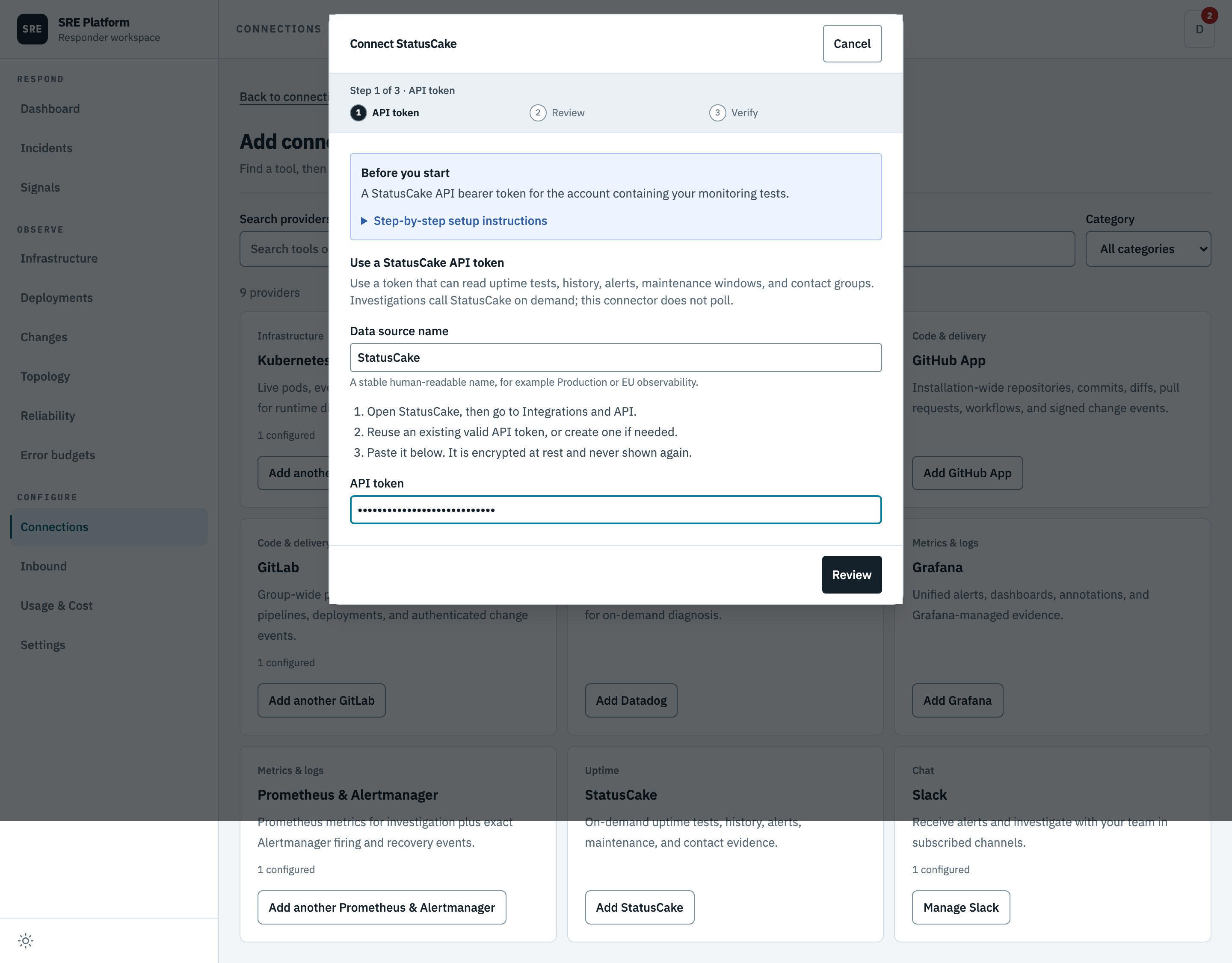 Pasting the StatusCake API token