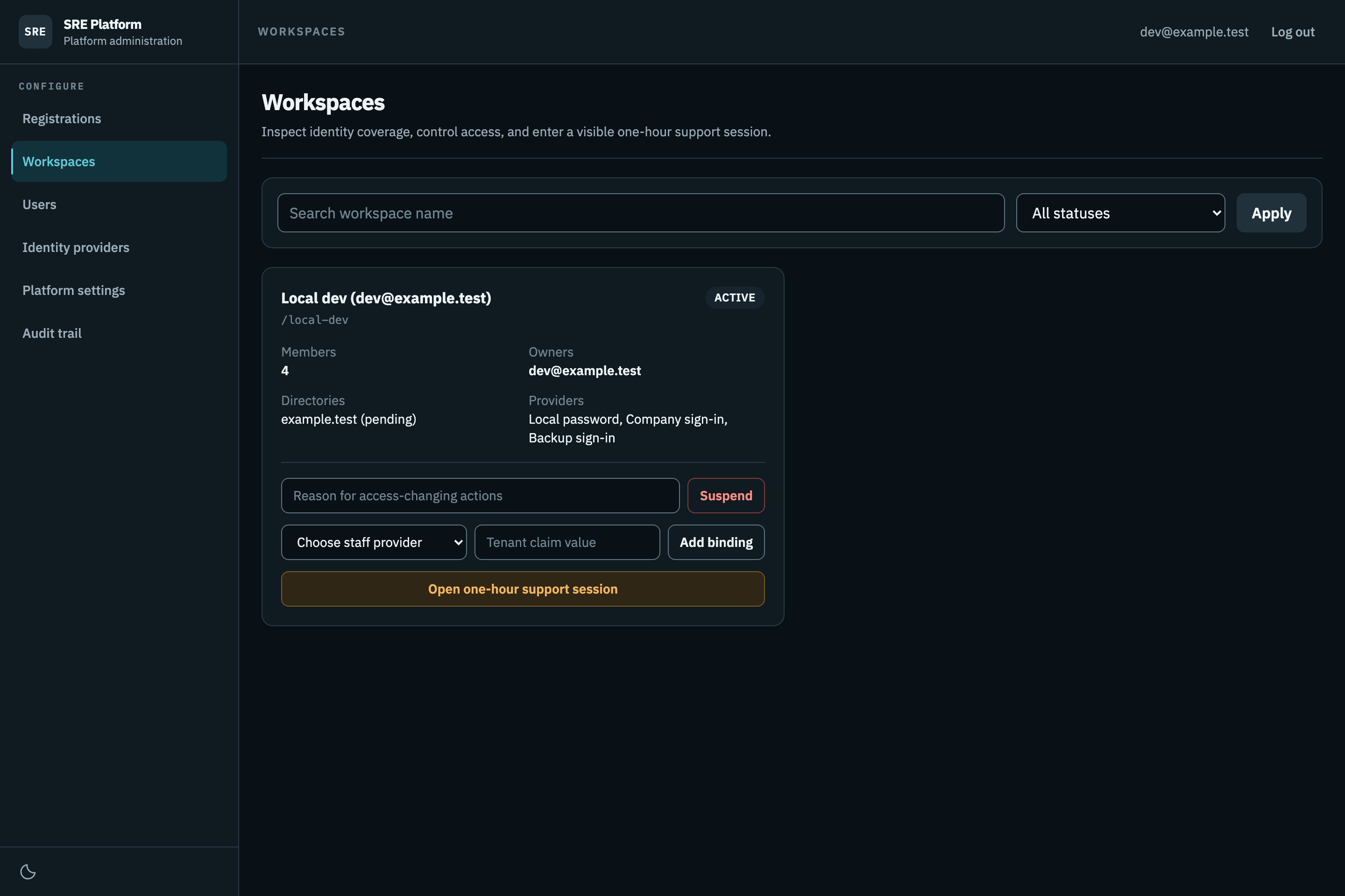 The platform administration workspace