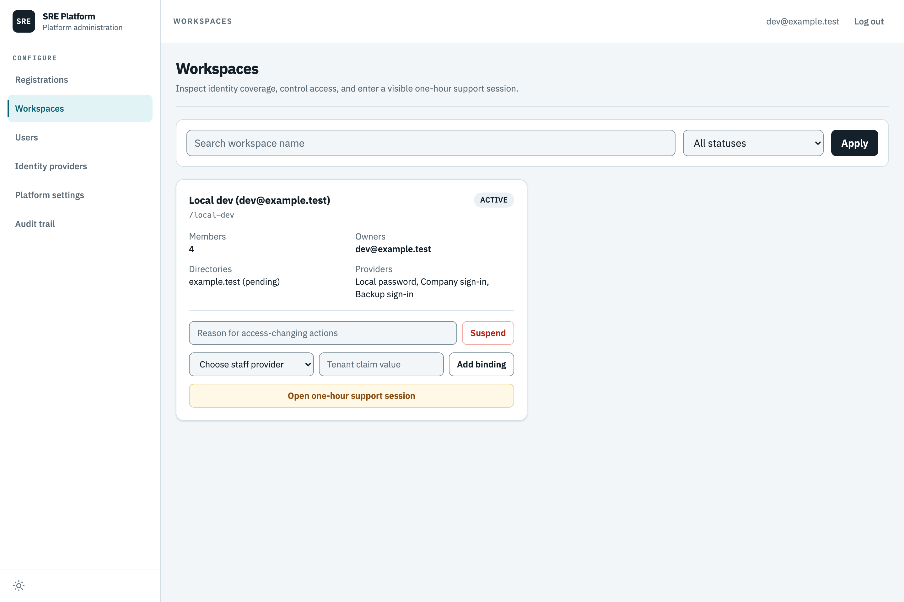 The platform administration workspace