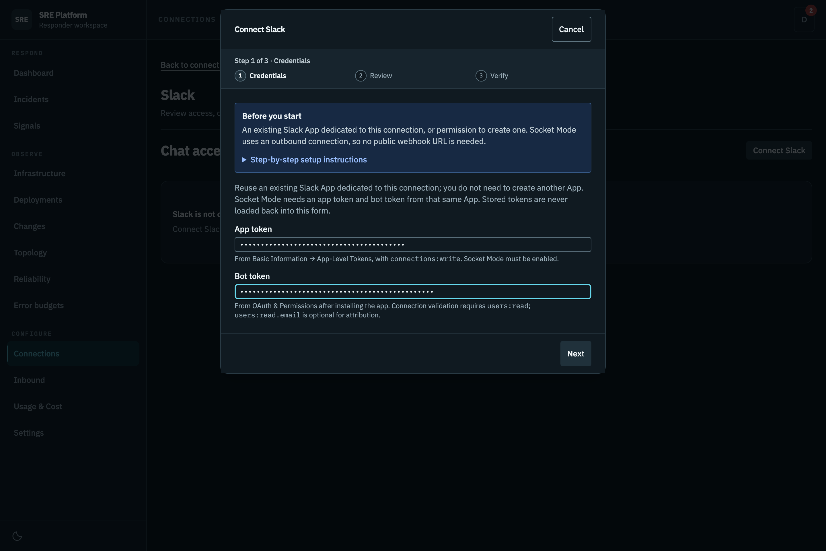 Pasting the Slack app and bot tokens
