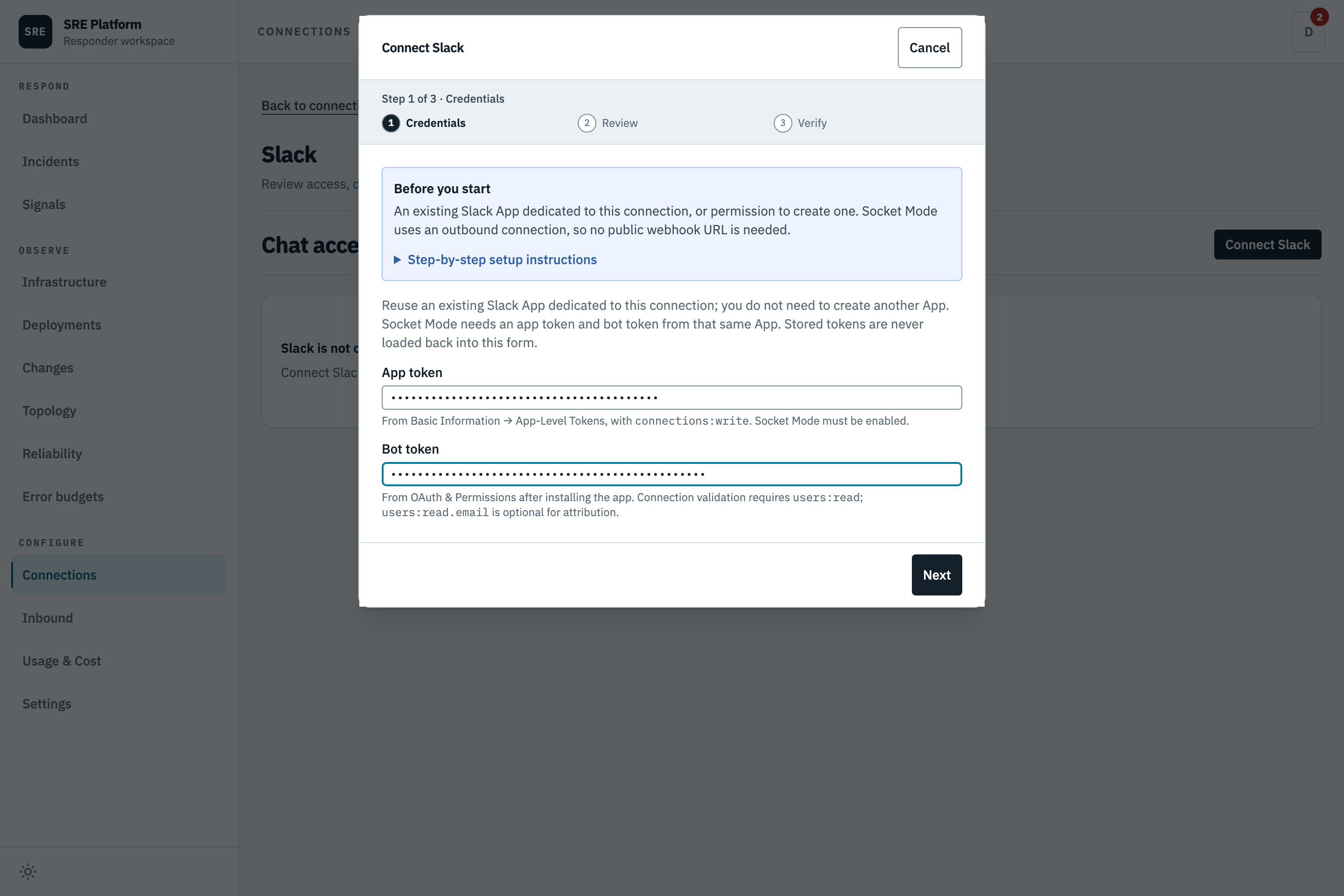 Pasting the Slack app and bot tokens