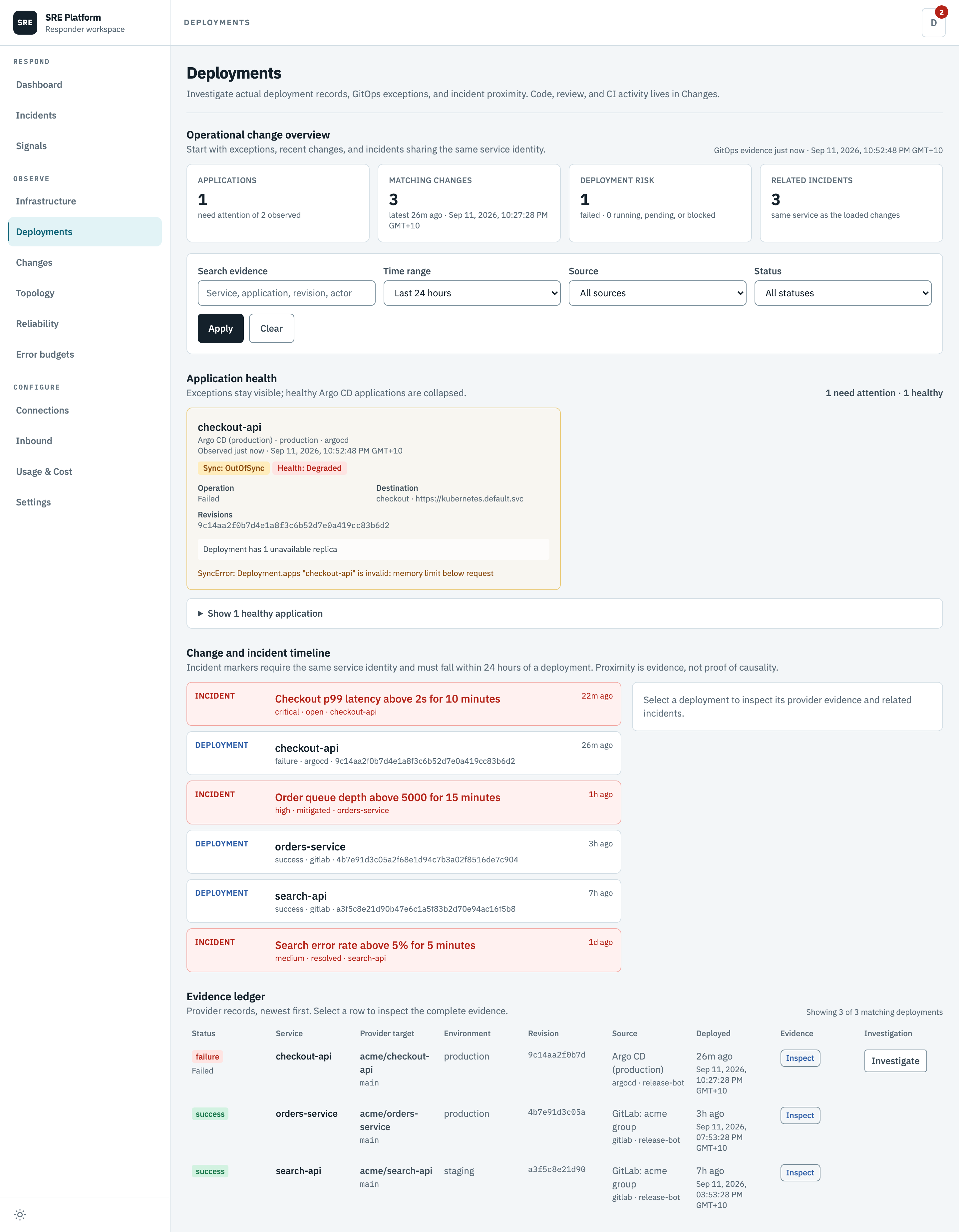 The deployments page