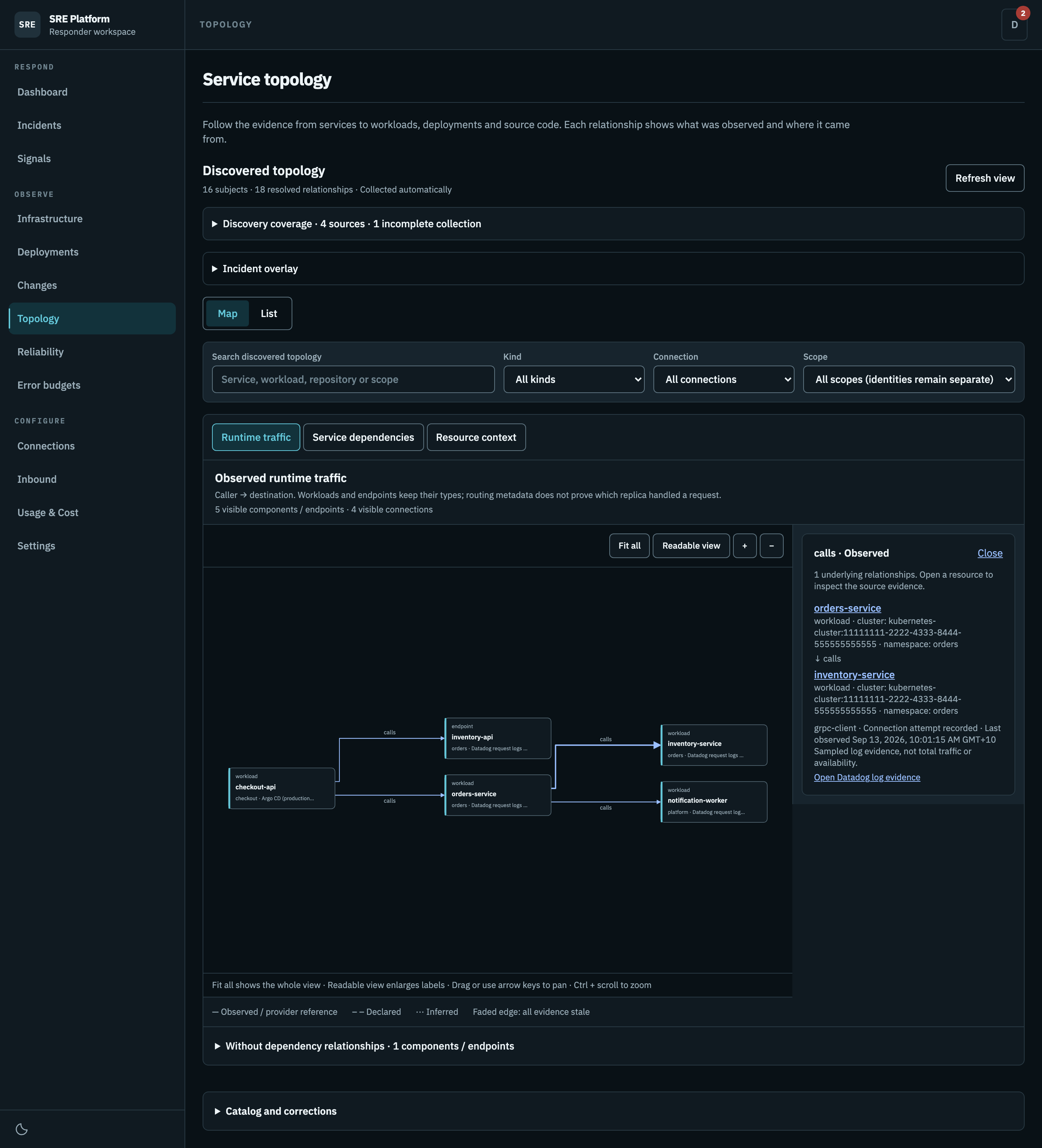 A sampled connection attempt and its evidence in the relationship inspector